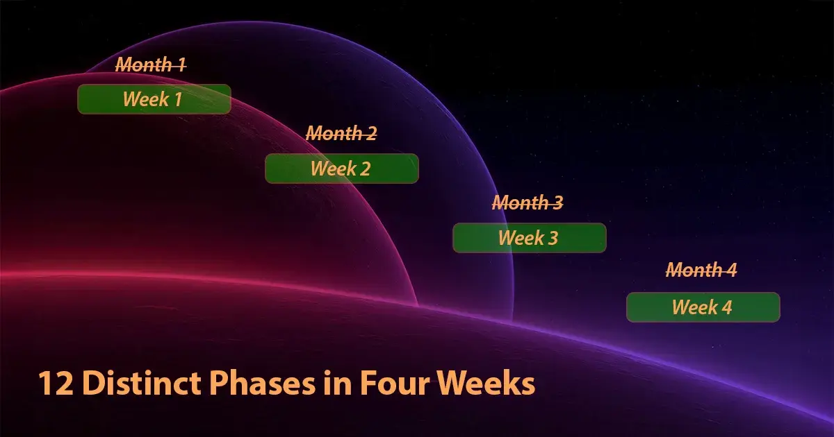 Visual timeline showing 12 development phases over 30 days
