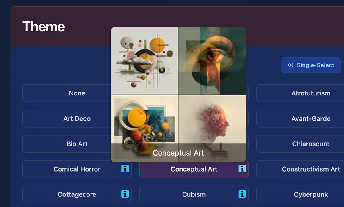 Style selection area showing badges and organized categories