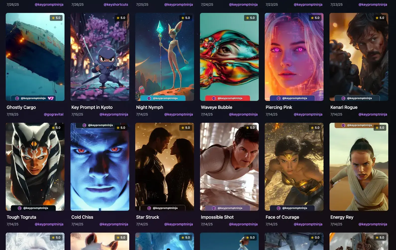 Gallery view showing grid of AI-generated prompt images