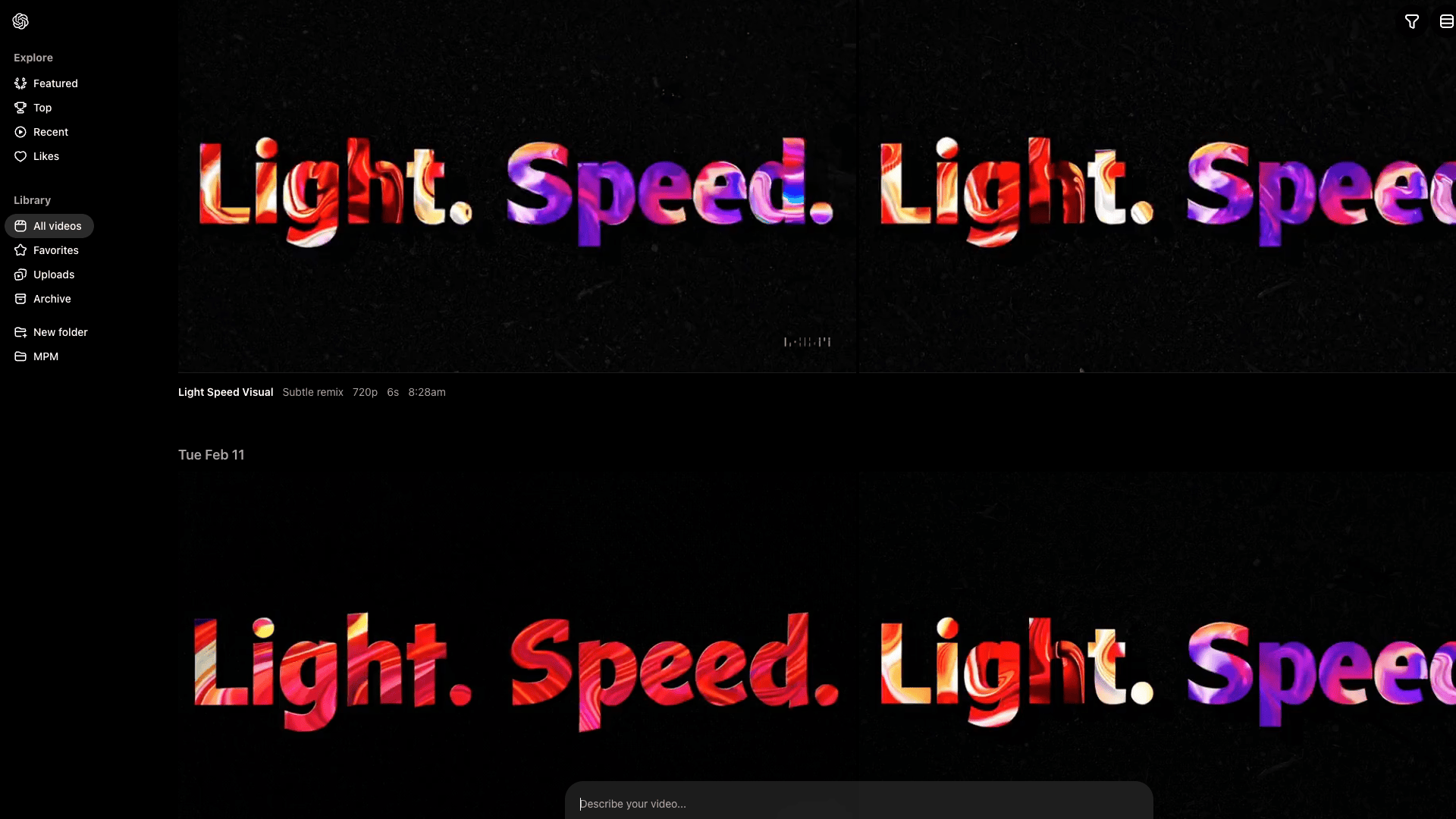 Light. Speed. AI video options as seen inside of Sora from ChatGPT