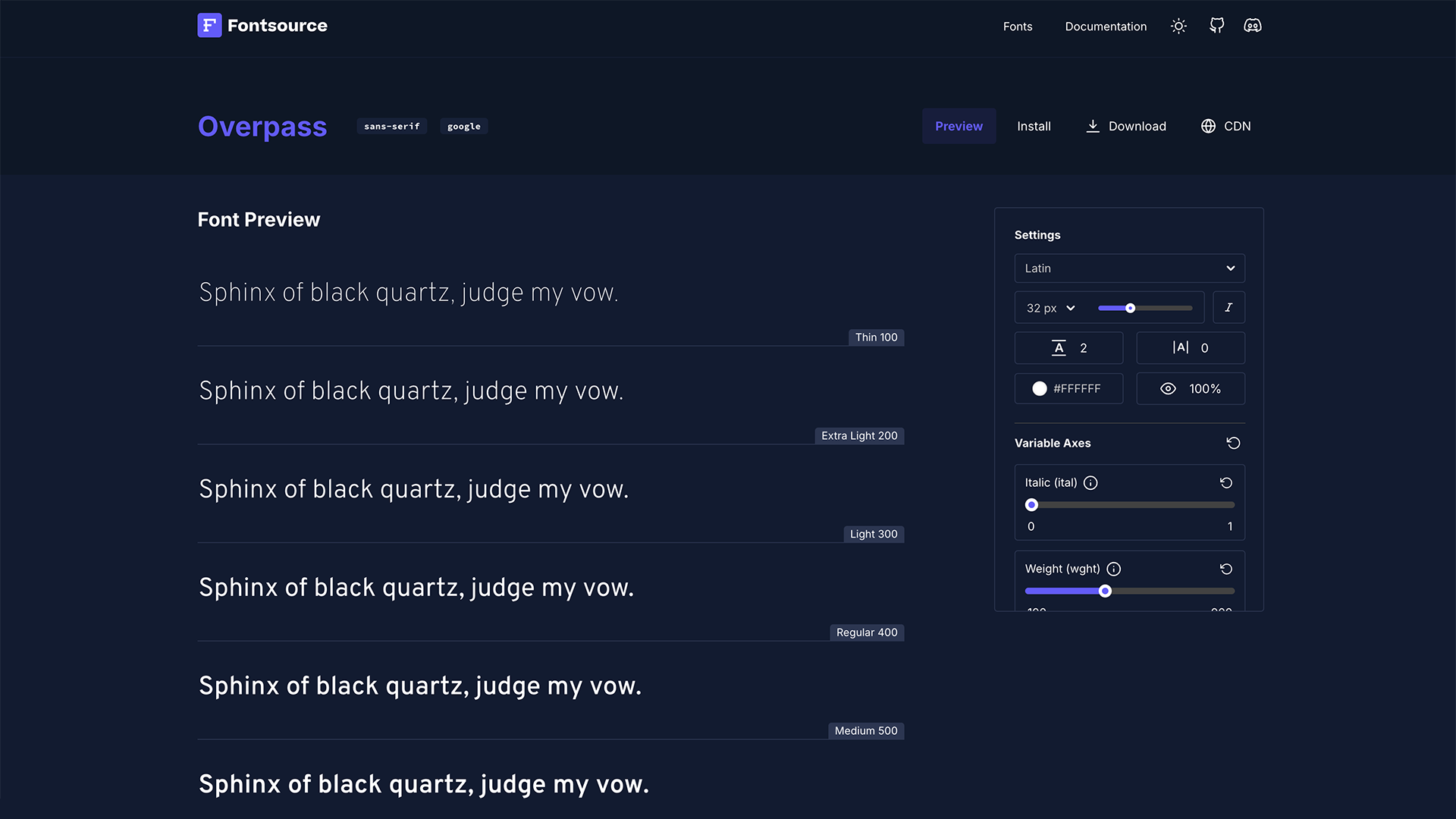 An image of the Fontsource font Overpass page.