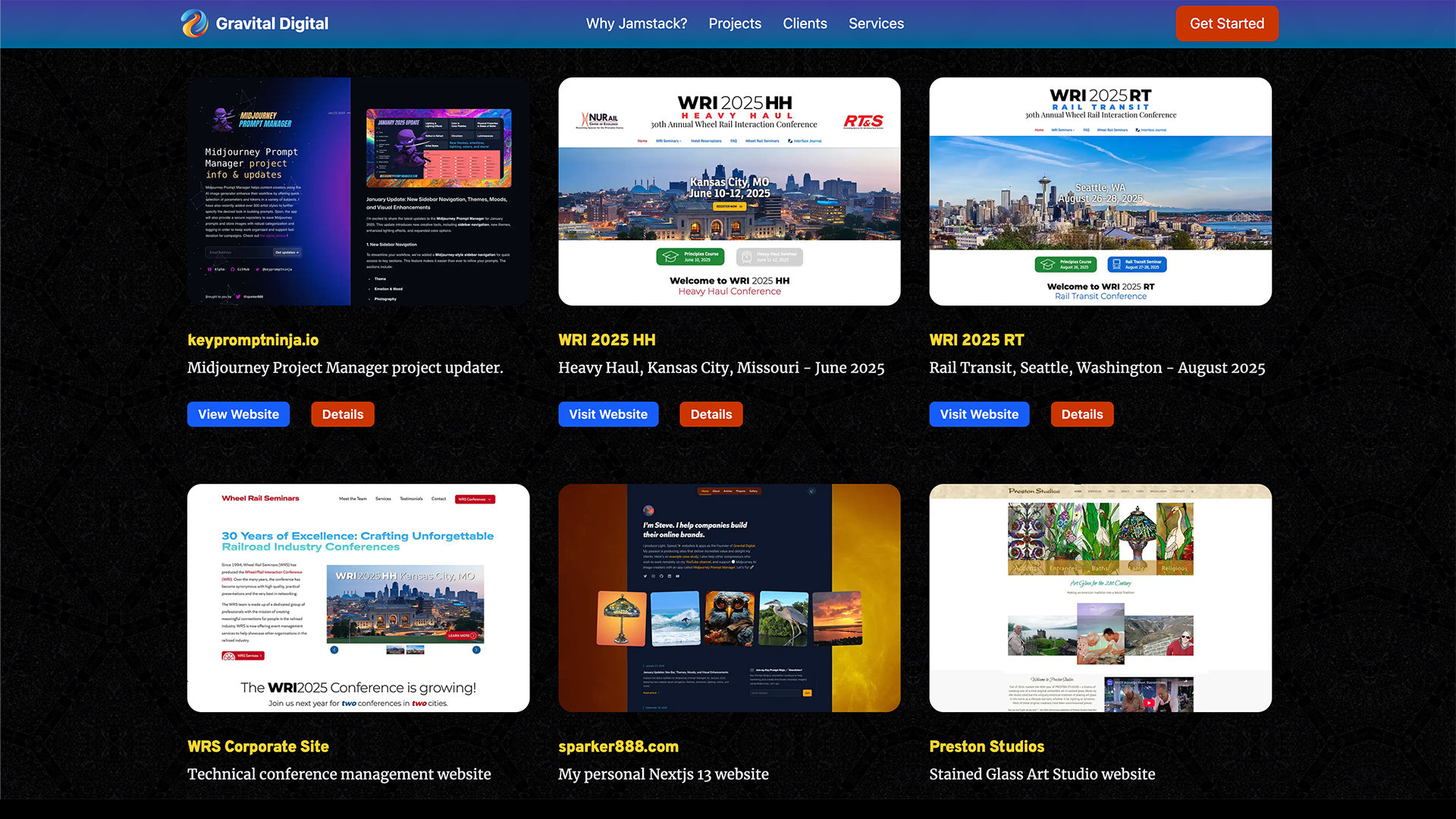 A screenshot of the projects page on Gravital Digital with button for Details that launches a dialog box thanks to Headless UI and React.