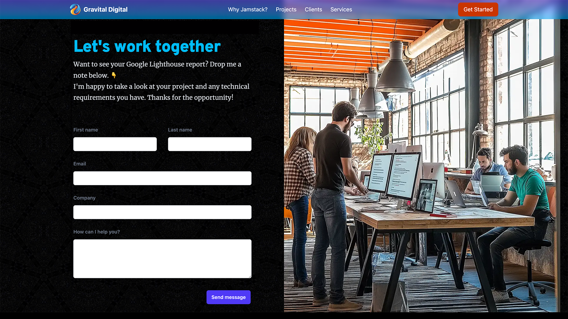The contact form powered by Netlify forms on the Gravital Digital website.