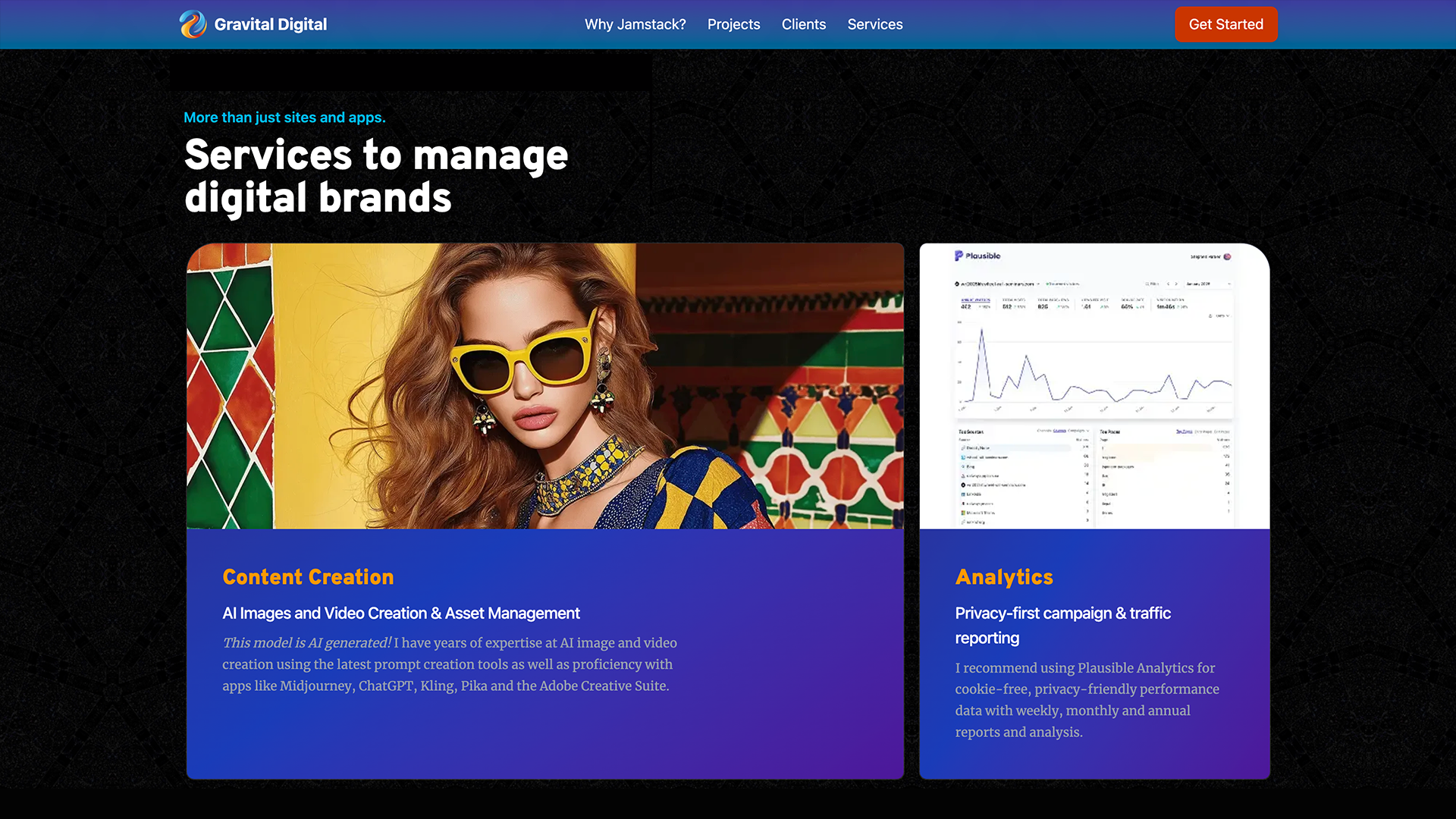 The Services section of the Gravital Digital website including the Analytics section featuring Plausible.