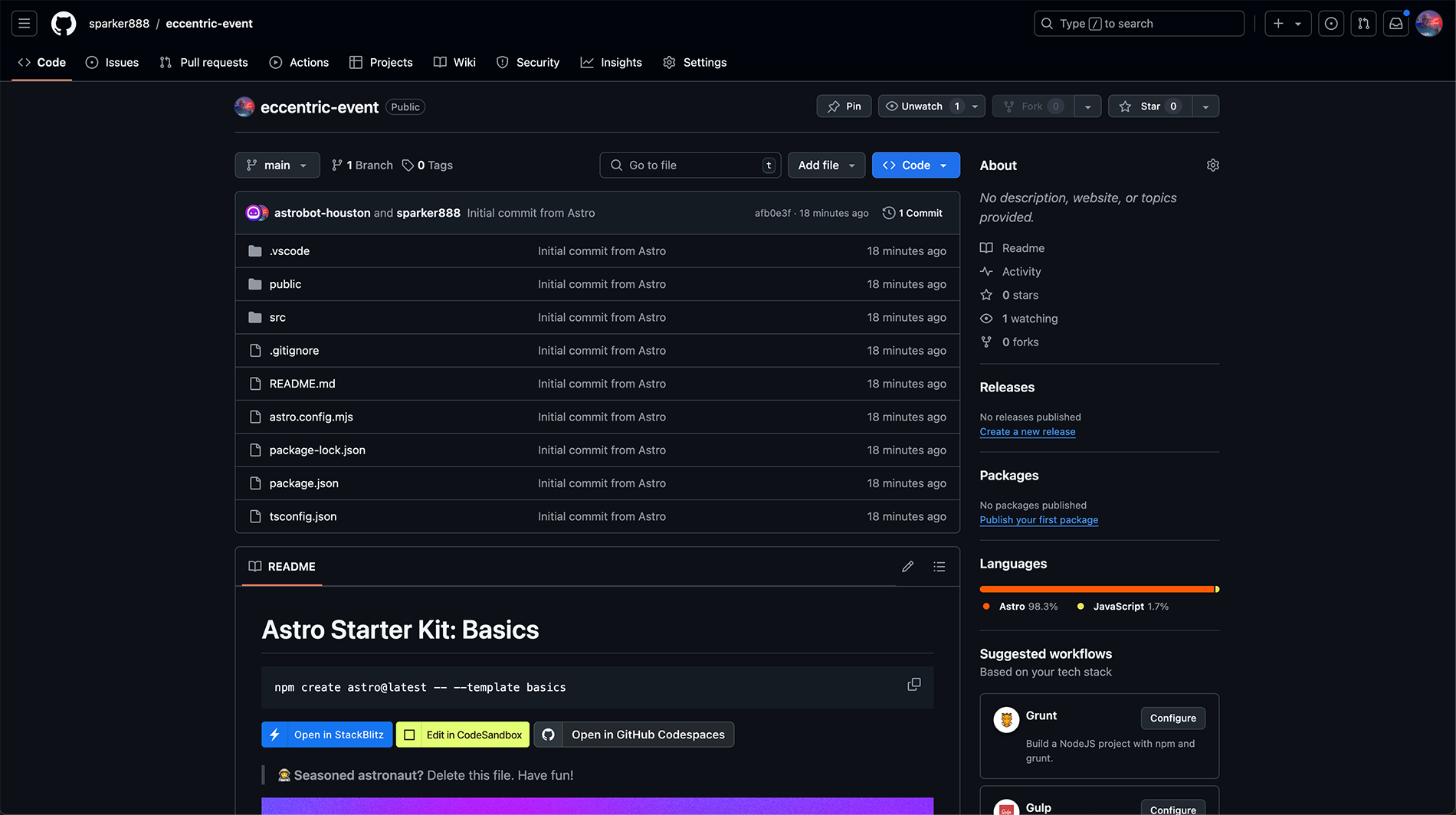 The Astro Starter as it appears on GitHub