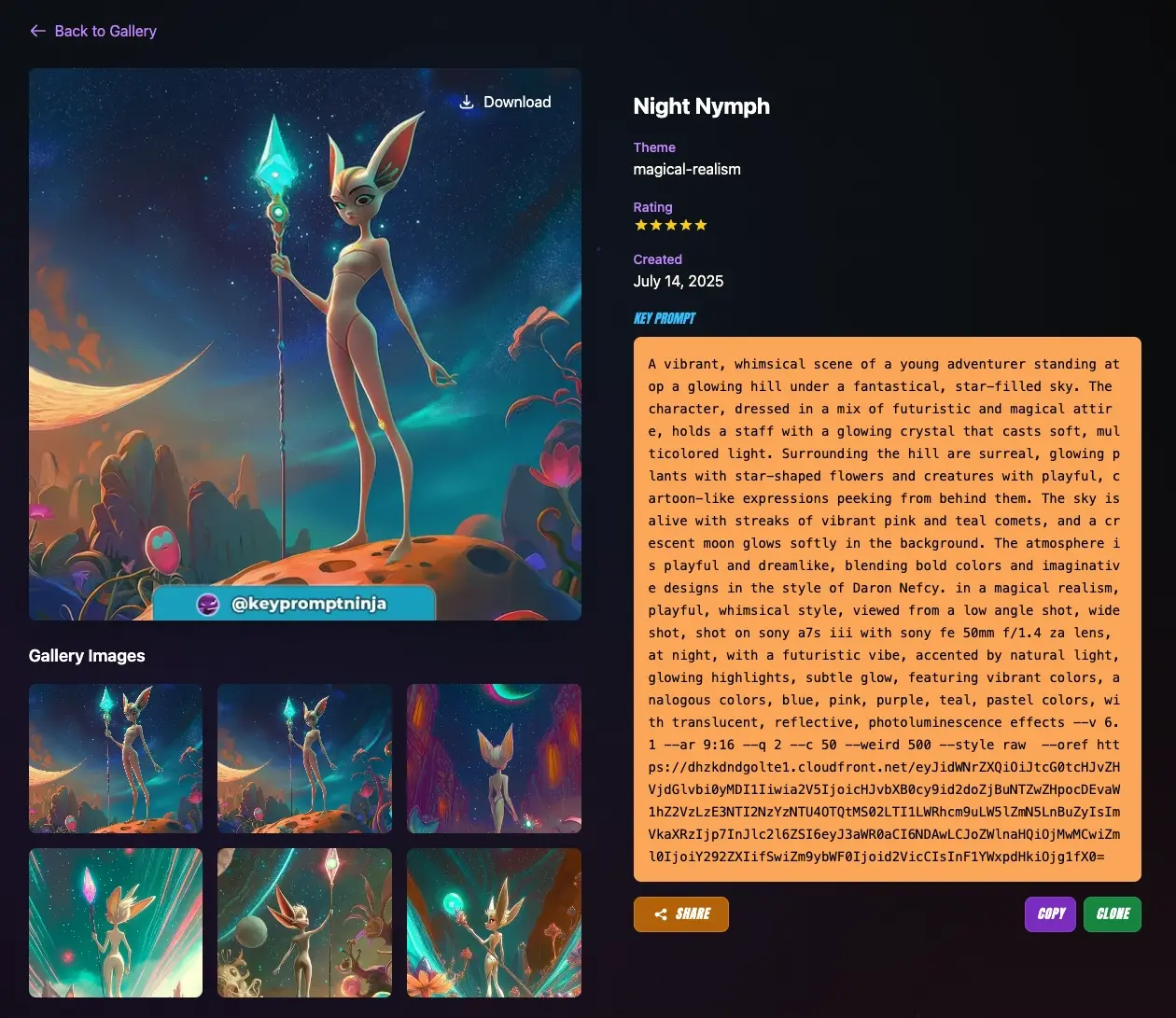 Prompt detail page showing large image with smooth transition animation
