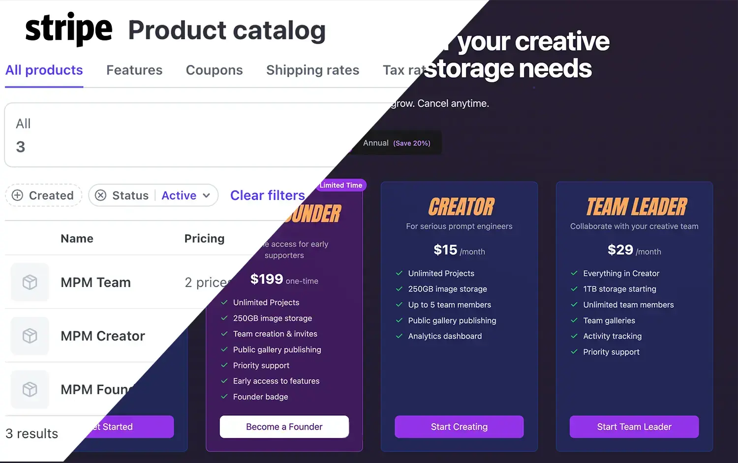 MPM pricing tiers showing Free, Creator, Team Leader, and Founder plans